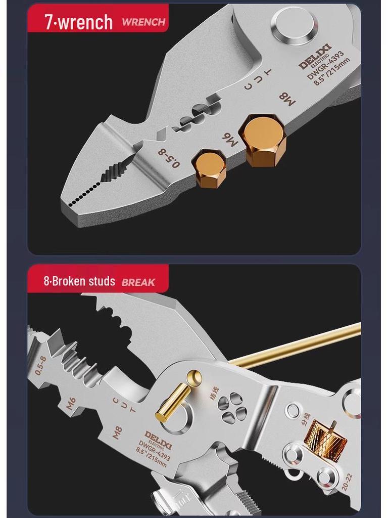 Delixi 16-in-1 Multifunctional Wire Stripper Pliers: Folding Buckle for Stripping, Separating, Winding, Crimping, and Cutting.