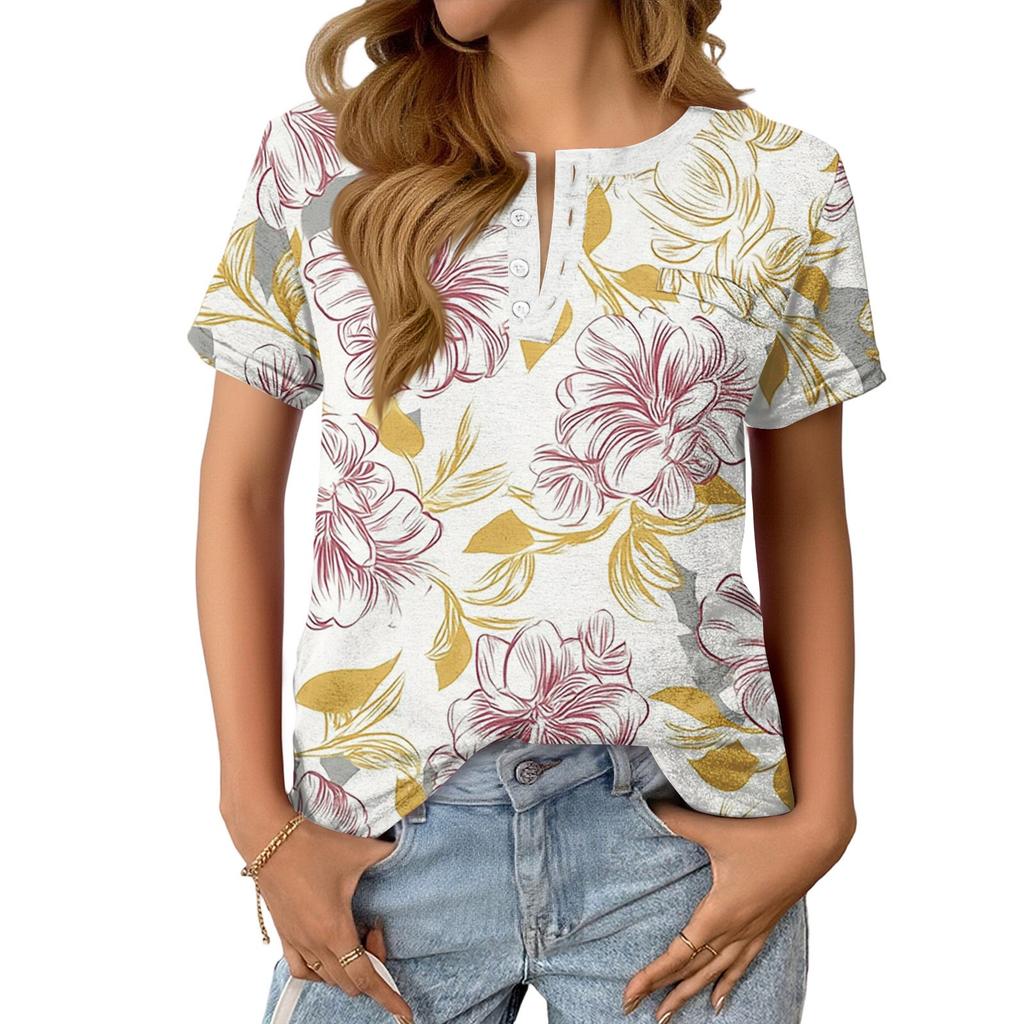 Women's Fashionable Casual Summer Floral Print V-neck Button Short-sleeved Top