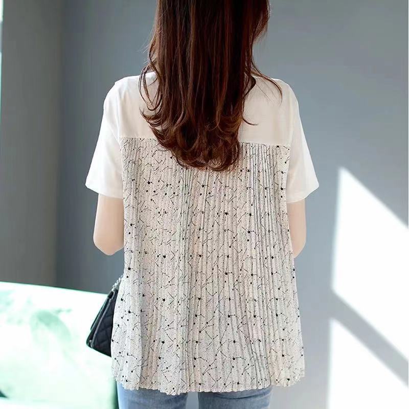 Fashion Pleated Patchwork Pullovers Female Clothing Casual All-match Loose Summer New Korean Short Sleeve O-Neck T-shirt