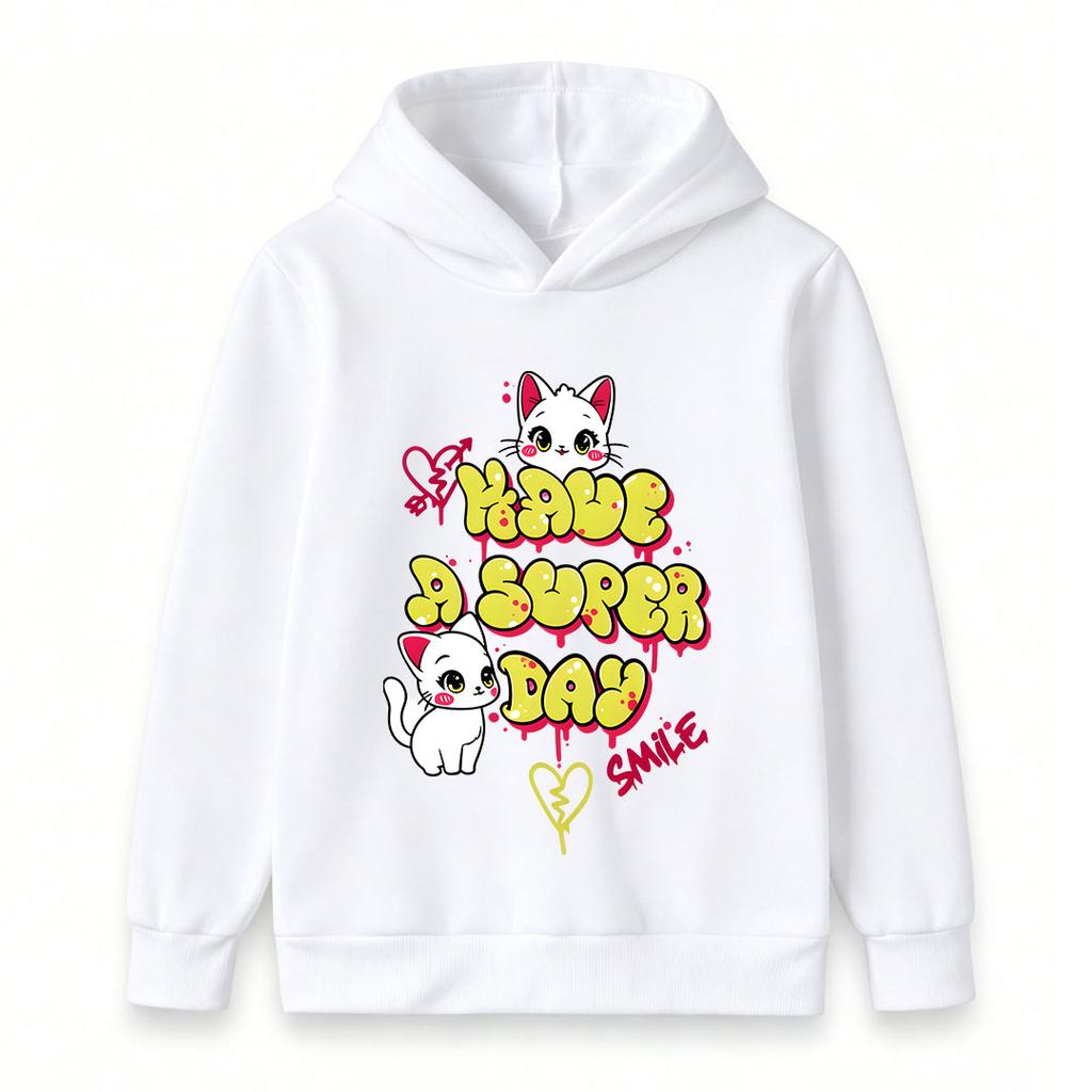 Kids Boys Girls Pullover Hoodie, Cute White Cat Graffiti Print 'Have A Super Day' Casual Soft Long Sleeve Hooded Sweatshirt for Daily Warm Wear