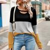 Ladies' Fashionable And Comfortable Color Blocked Hollow Out Low Round Neck Loose Long Sleeved Top