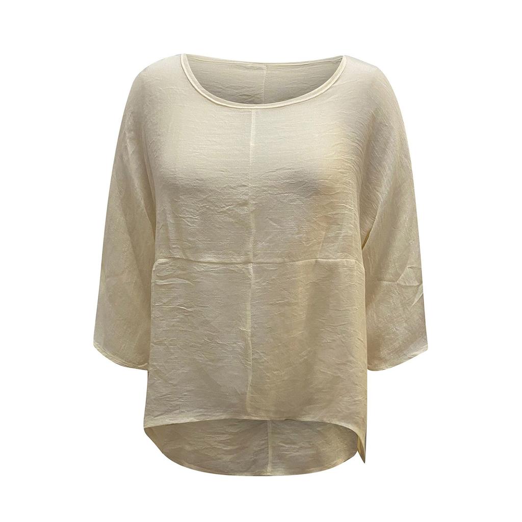 Lässige, einfarbige, lockere Baumwoll-Leinen-Oberteile für Damen mit mittleren Ärmeln und großen Größen