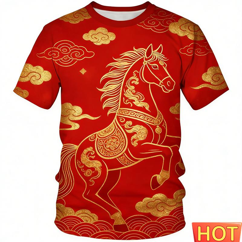 Chinese New Year Horse T-shirt For Men Women 2026 Happy New Year Round Neck Tee Shirts Polyester Family Short Sleeves Red Tops