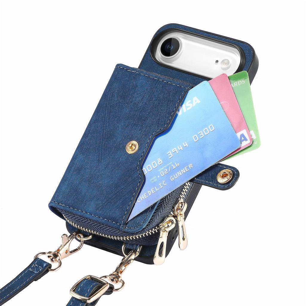 For iPhone Air PU Leather Phone Back Cover with Zipper Card Holder and Long Strap