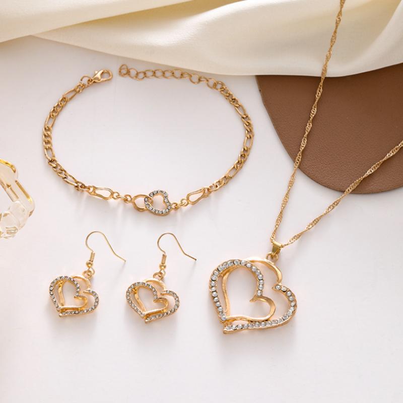 Exquisite Double Heart Necklace Earrings Bracelet Jewelry Set Charm Ladies Jewelry Fashion Bridal Accessory Set Romantic Gifts