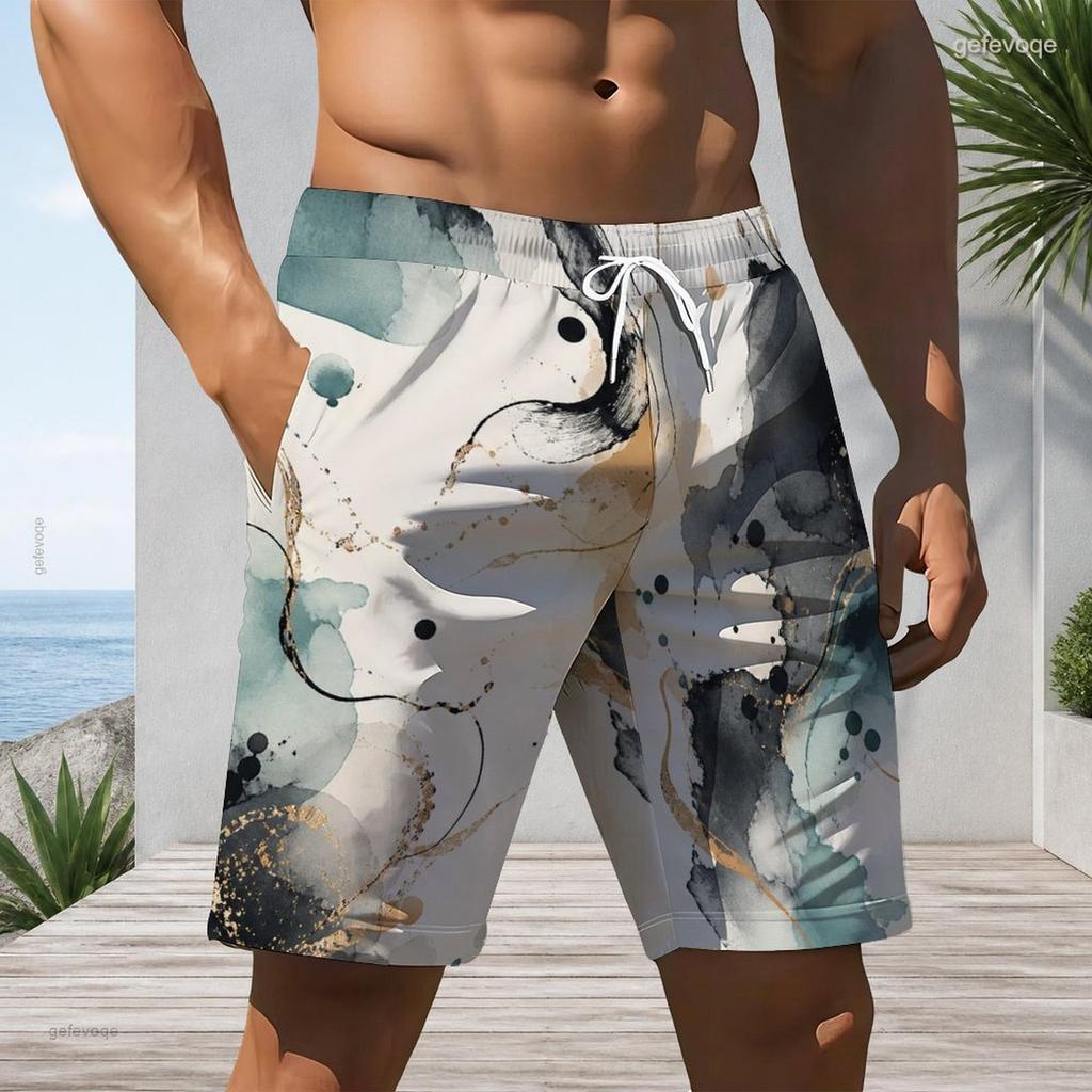 Men Plus Size Off White Watercolor Leaf Printed Beach Shorts Drawstring Waist Side Pockets Straight Leg