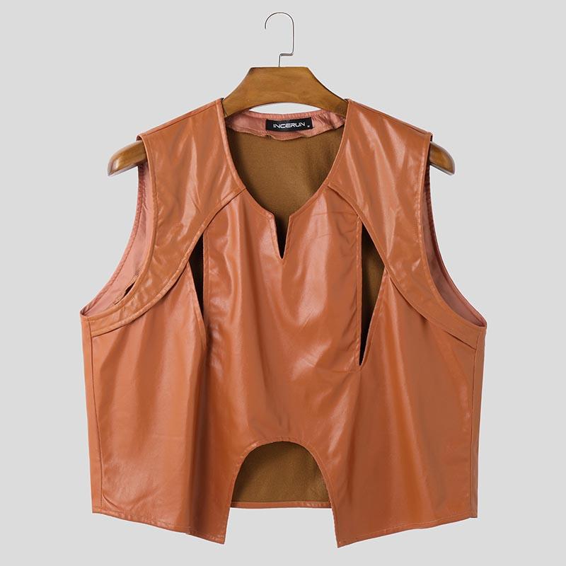 

INCERUN Мужские майки без рукавов с вырезами, ажурные, повседневные, свободные, из искусственной ПУ-кожи 2XL оранжевый