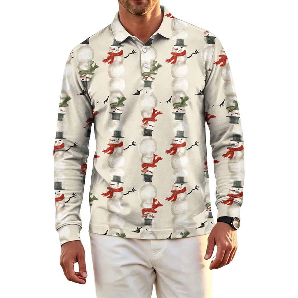Men's Golf Shirt Long Sleeve Casual Christmas Print Quick-Dry Mesh Top