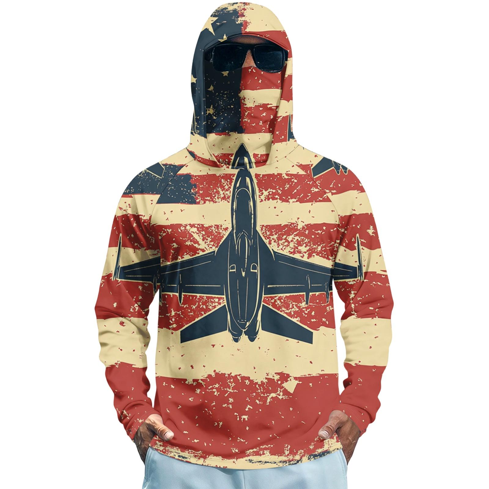 

Men s Summer Quick Dry Long Sleeve Hooded Shirt Fishing Fitness Sports Sun Protection Top with Flag Print for Outdoor Activities L синий