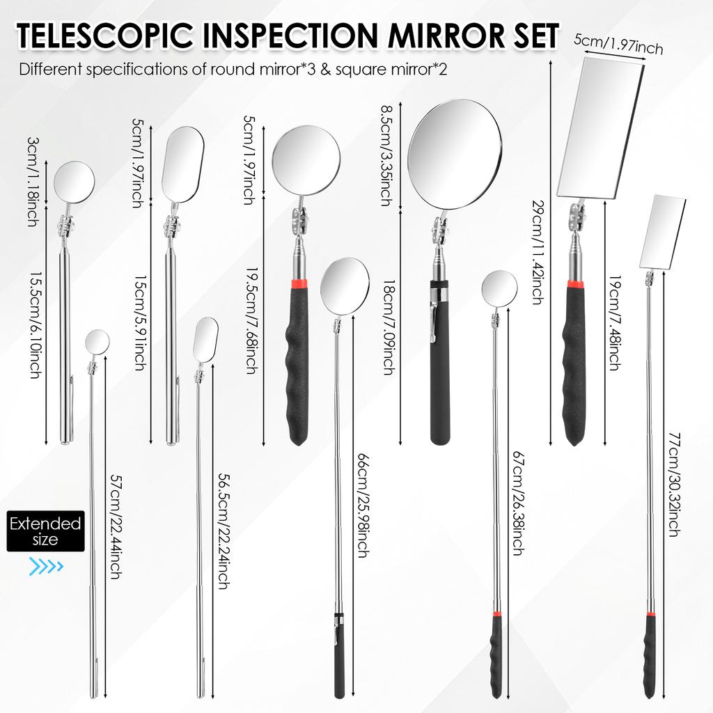 5/4Pcs Telescoping Inspection Mirrors Set Stainless Steel Retractable Mechanical Mirror 360° Rotation Mirror Inspection Tools