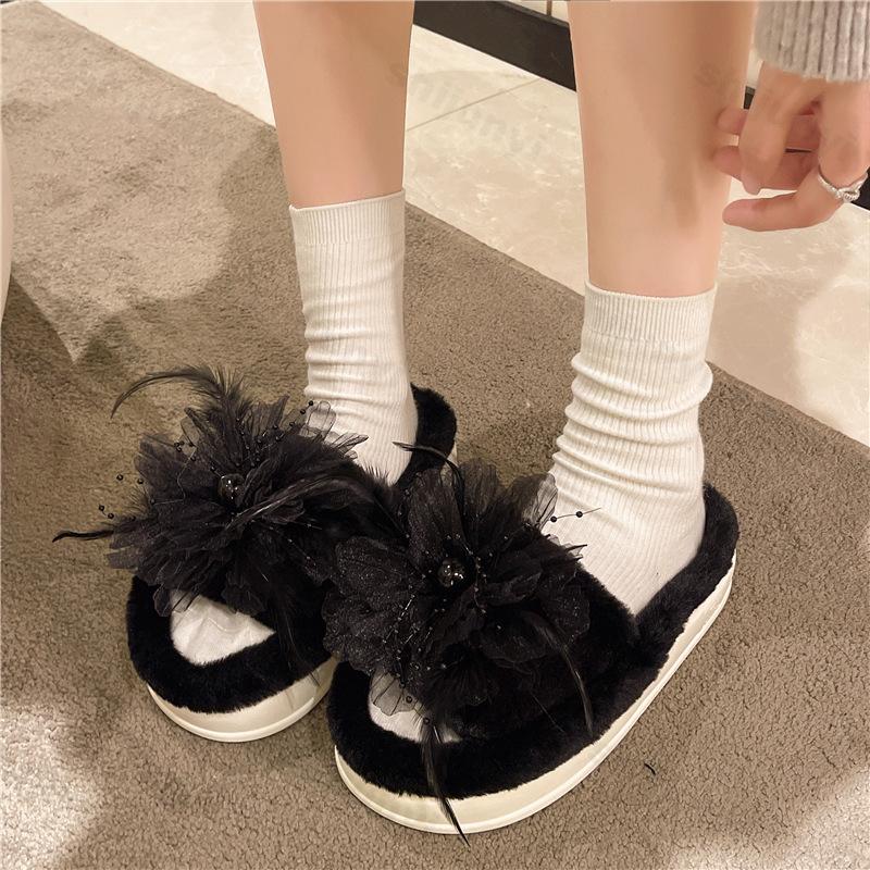 Women One-word Slippers Winter New Outdoor Non Slip Fashion Flower Plush Shoes Lightweight Comfortable Soft Sole Warm Home Shoes