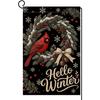 Hello Winter Cardinal Garden Flag 12x18 Pine Wreath Berries Yard Decor | Vertical Double Sided Design with Pinecones, Jingle Bells and Bow, Farmhouse