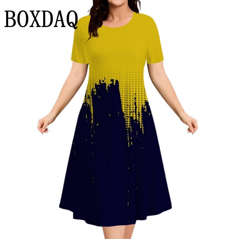 Women Plus Size Summer Dresses 3D Gradient Printed Short Sleeve Loose A-Line Dress Oversized Women Clothing Elegant Ladies Dress