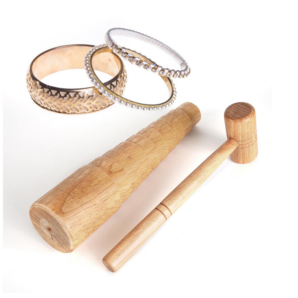 2pcs Set Wooden Mandrel Sizer Jewelry Making Adjust Bangle Sizing Measurement Stick Hammer Tool Set