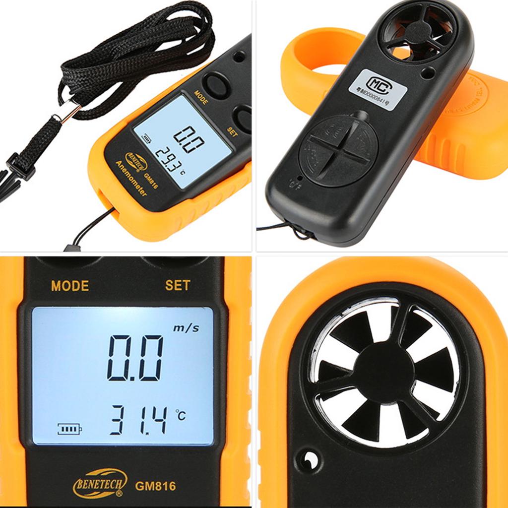 Digitales Anemometer Handheld Windgeschwindigkeitsmesser Messgerät Genau Messen Wind Temperatur Geschwindigkeit Hintergrundbeleuchtung LCD Digital