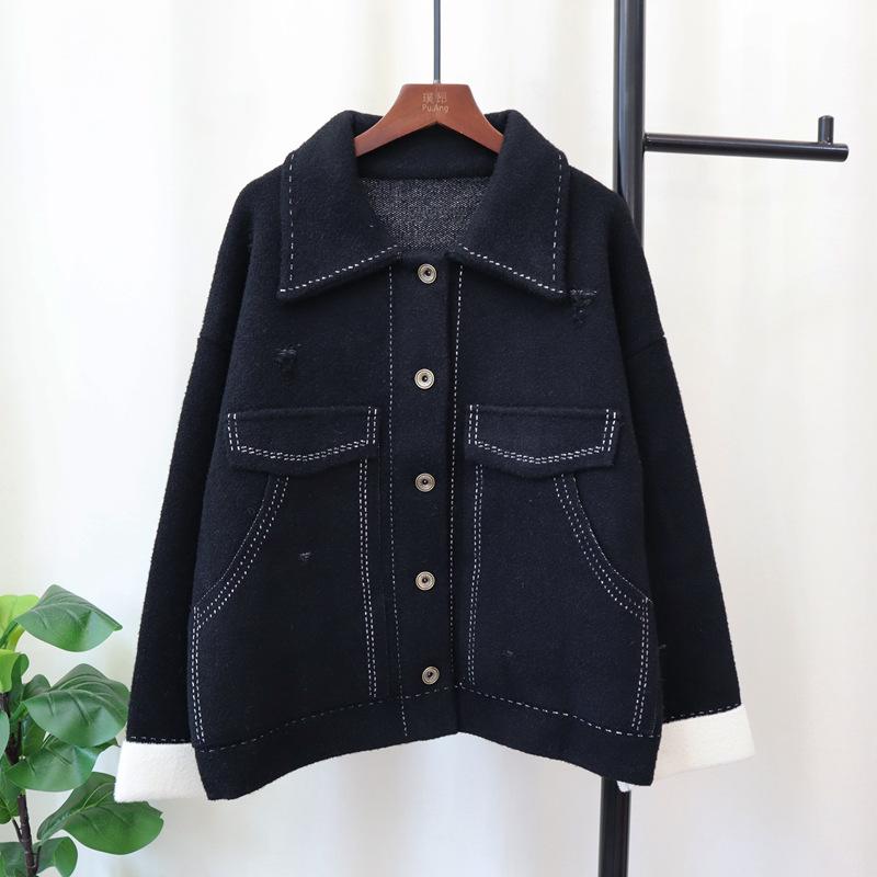 Autumn and winter new lapel design sense niche knitted double-sided woolen cardigan temperament sweater jacket women