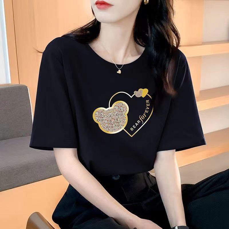 VEZFAA Damenmode Casual Sommer Frühling Liebesbrief Druck Kurzarm O-Ausschnitt Blusen & Hemden