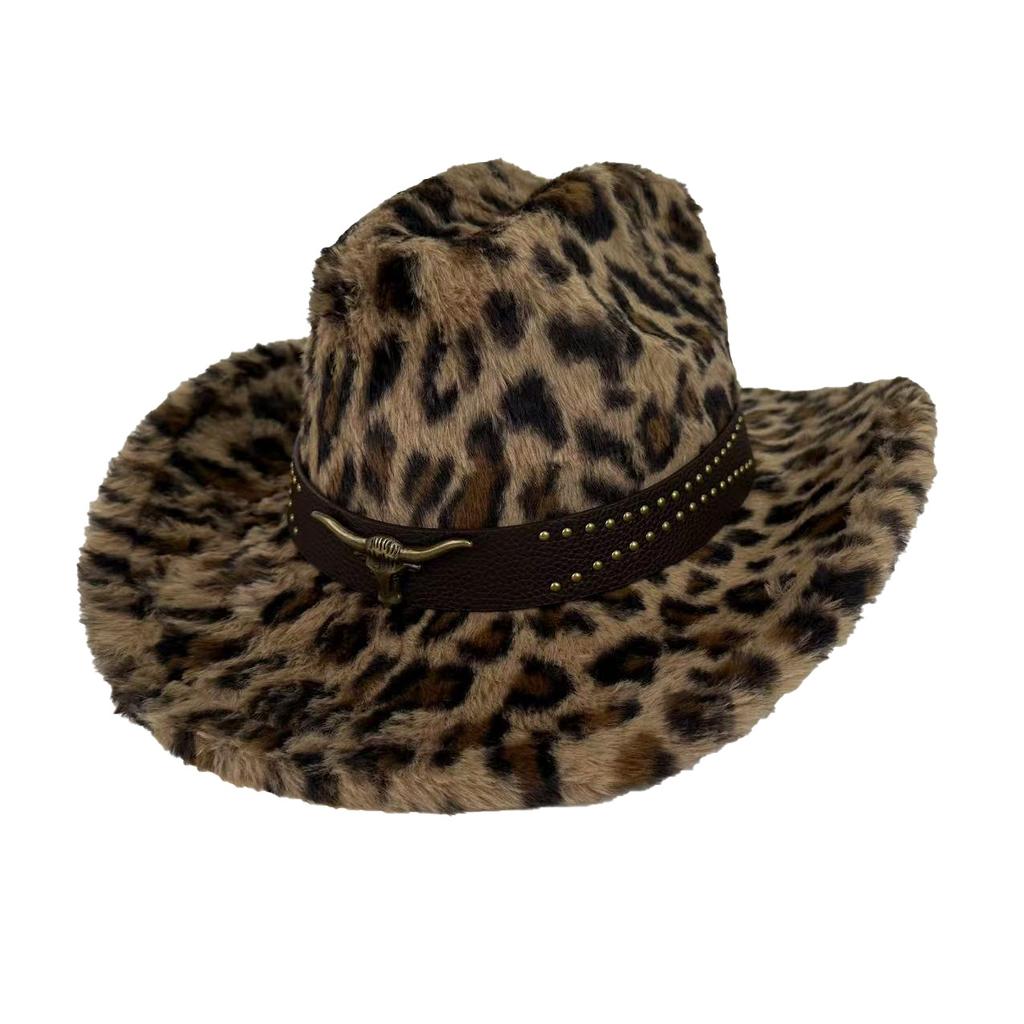 Autumn And Winter New Leopard Print Western Cowboy Hat Plush Thickened Top Hat Men'S And Women'S Thermal Basin Hat