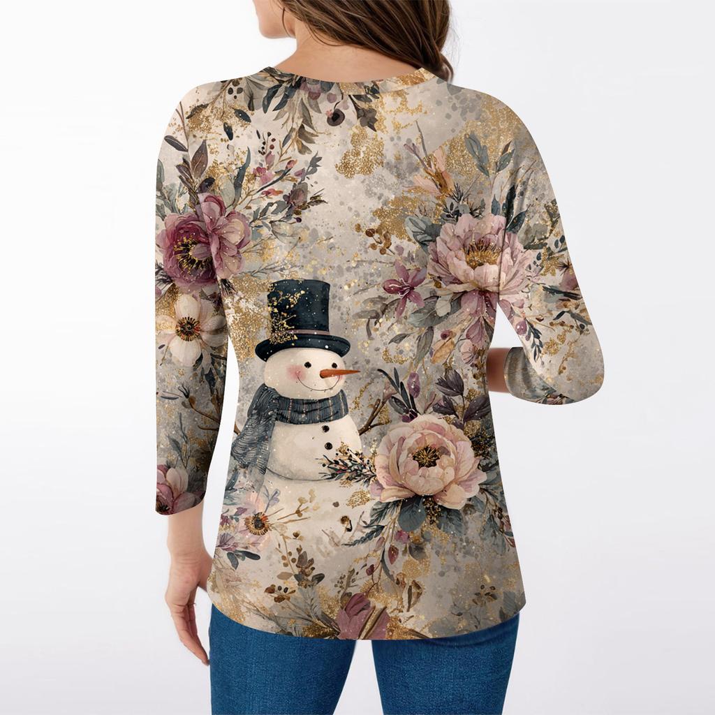 Women's Tops Three-quarter Sleeve Shirt V-neck Loose Casual Shirt Print T-shirt