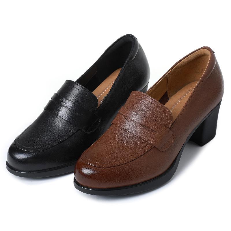 Fashion GKTINOO Pumps Women Genuine Cow Leather Round Toe Slip-On Loafers Med Heel Lady Shoes Handmade Women's Work Shoes