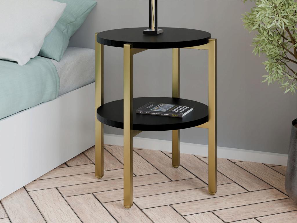Stolik Nocny Okrągły Nowoczesny Z Półką 35X35X46 Cm Metalowy Złoty
