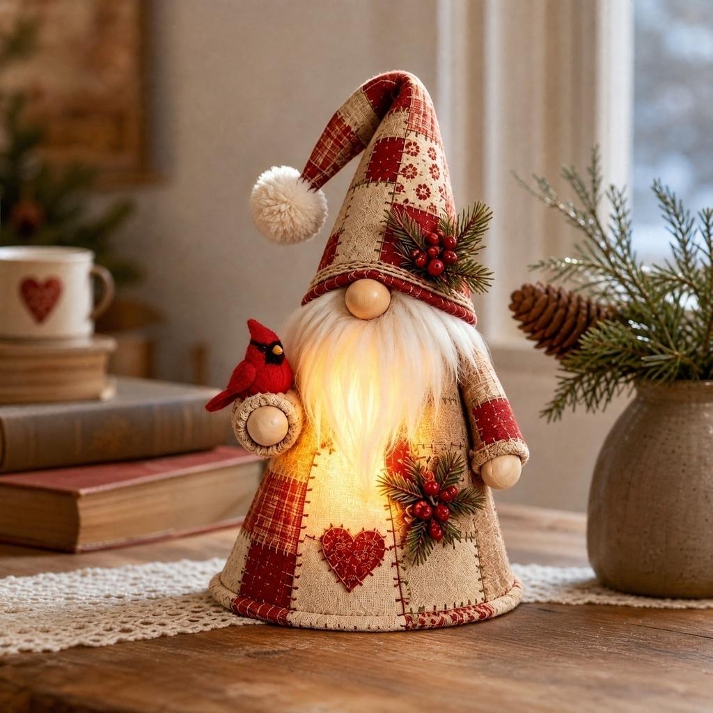 Patchwork Light-Up Gnome Figurine with Combinable Bird-Shaped Puppet for Home Decor