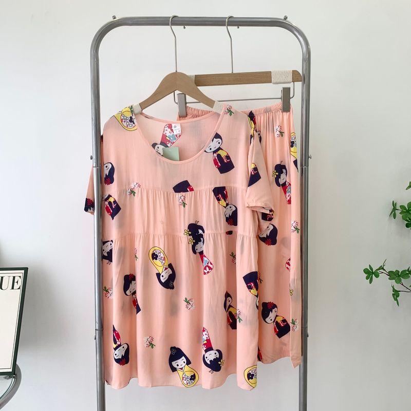 Summer Pajamas Women's Cotton Silk Short Sleeve Shorts Homewear Two-piece Set Little Girl Artificial Cotton Plus Size Pajamas Suit