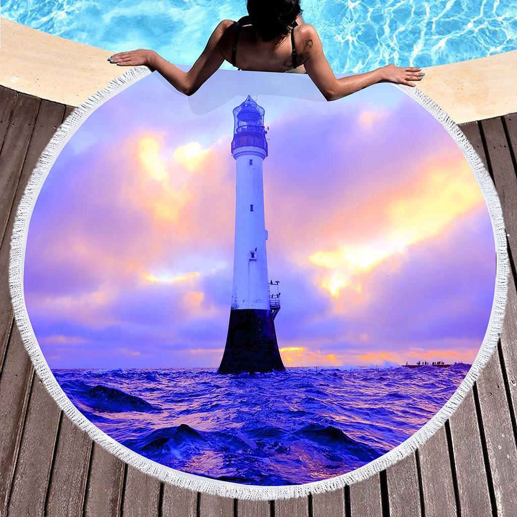 Lighthouse Print Round Beach Towel Sand Free Quick Dry Circle Bath Towel Absorbent Meditation Rug Yoga Mat Throw Fringe Tapestry