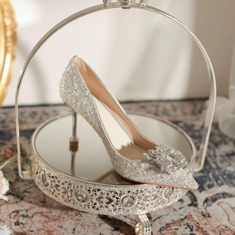 Main Wedding Dress Silver Bridal Wedding Shoes New Stiletto Sequins Engagement Not Tired Feet Crystal Shoes High Heels Rhinestones