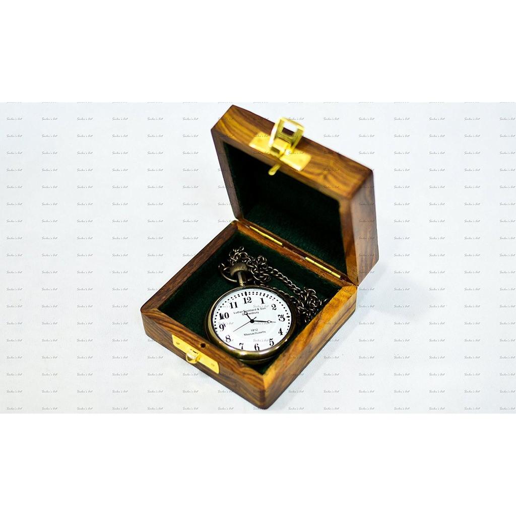 Vintage Antique Look Brass Analog Ship Pocket Watch with Wooden Box (Clear, Brown, 2 inch)