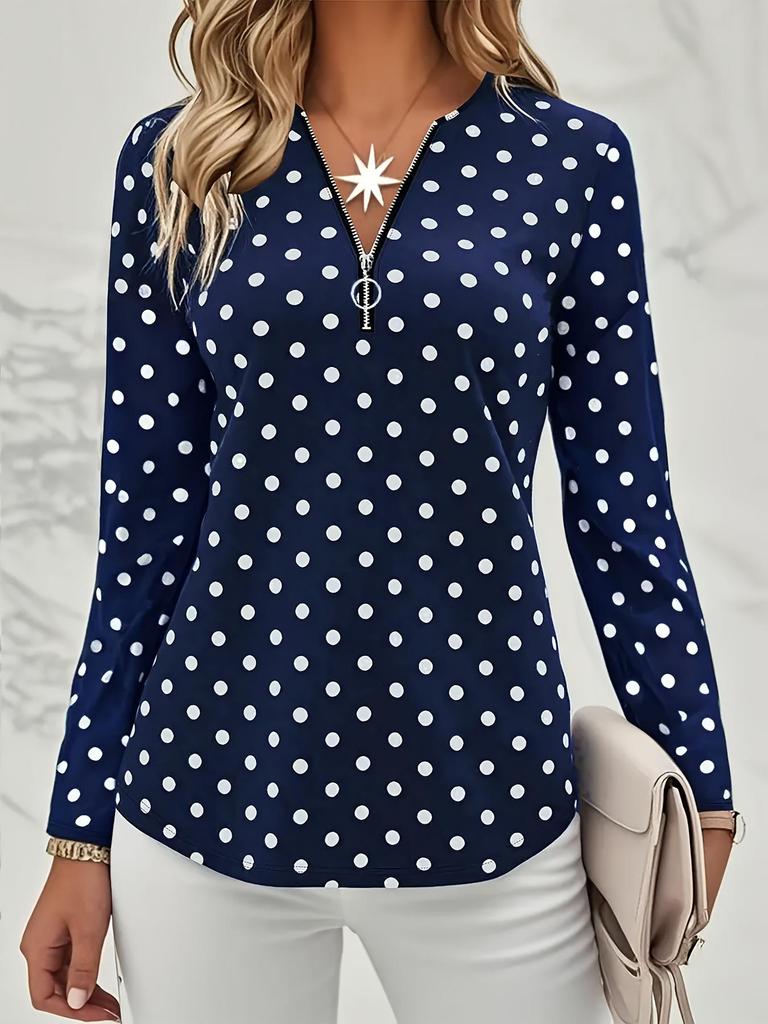 2025 Plus Size Women's Polka Dot Long Sleeve V-Neck Zipper Pullover Top