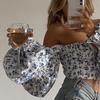 Women Floral Print Crop Top Off‑Shoulder Flare Long Sleeve Tie‑Up Ruched Slim Fit Blouse Summer Sexy Short Tops