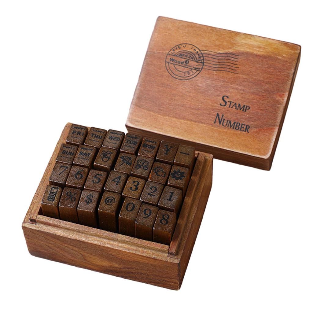 28Pcs Vintage Decorative Rubber Stamp Letter Number Pattern Wood Rubber Stamp for Scrapbooking Diary Journal DIY Craft