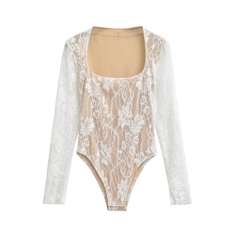 Кружевной Квадратный Вырез С Открытыми Плечами Боди с Длинным Рукавом - Женский Тонкий Базовый Топ Весна/Осень Small белый