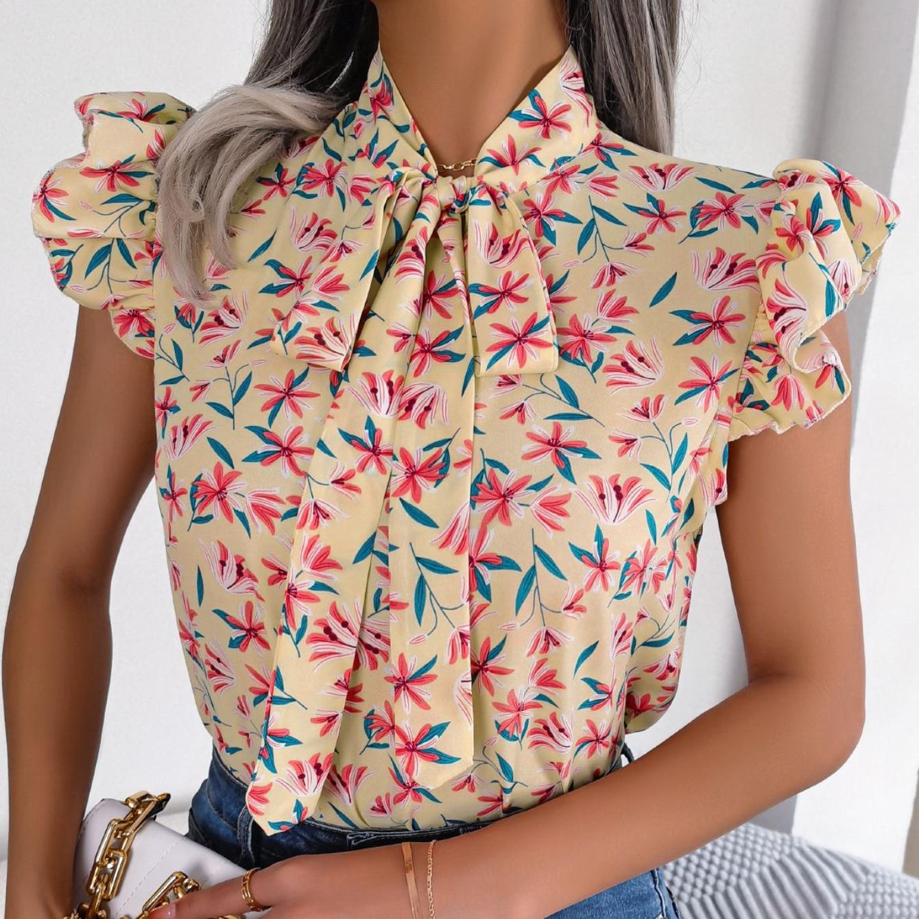 

GMXIA женские модные повседневные летние блузки без рукавов с v-образным вырезом с цветочным принтом и шифоновые рубашки с бантом и деревянной отделкой ушей M абрикосовый