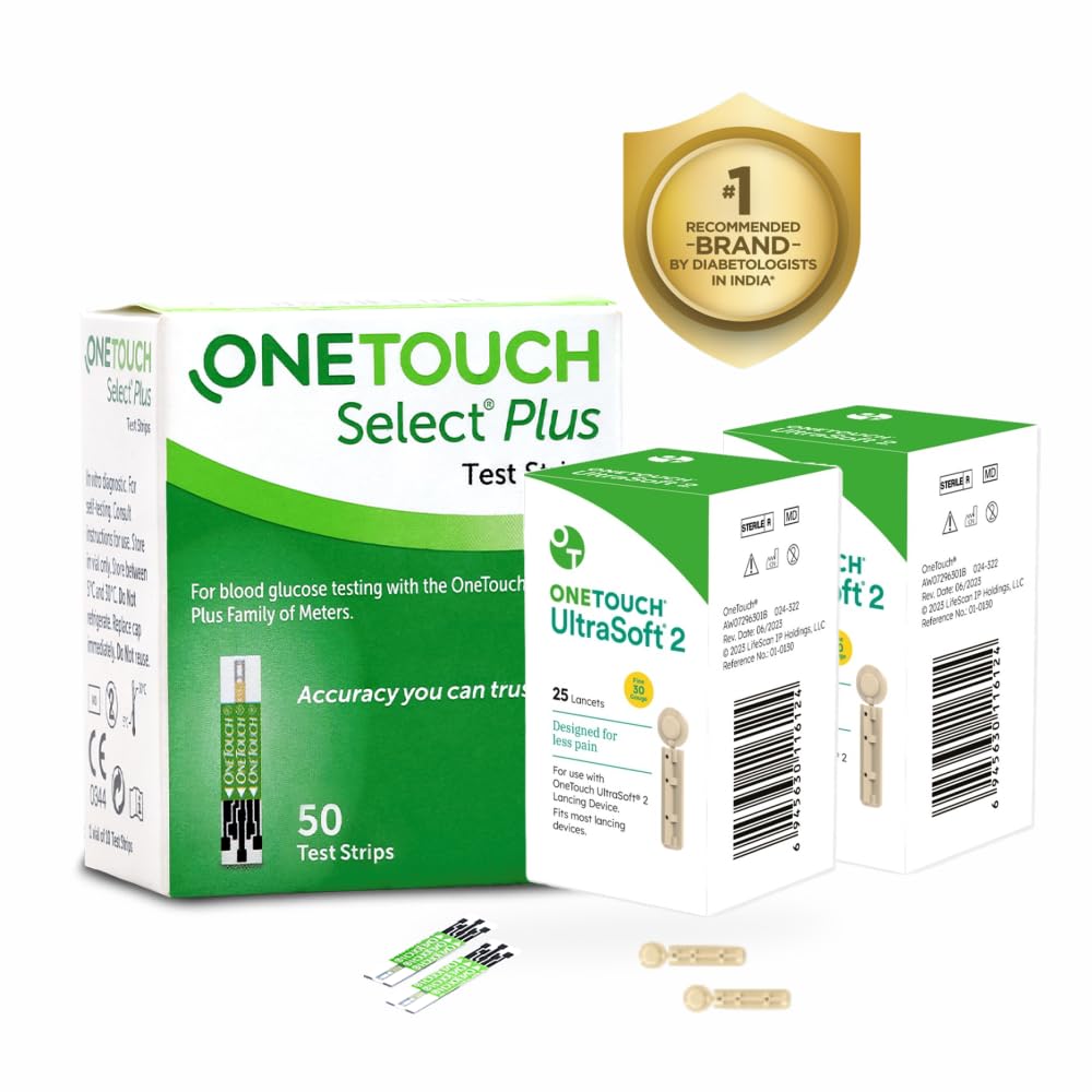 Тест-полоски для измерения уровня сахара в крови Onetouch Select Plus | Упаковка из 50 полосок с 50 ультрамягкими ланцетами 2 | Для использования с глюкометром Onetouch Select Plus Simple.
