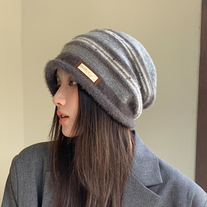 Color Fashionable Blocked Striped Design Women Casual Knitted Hat Winter For