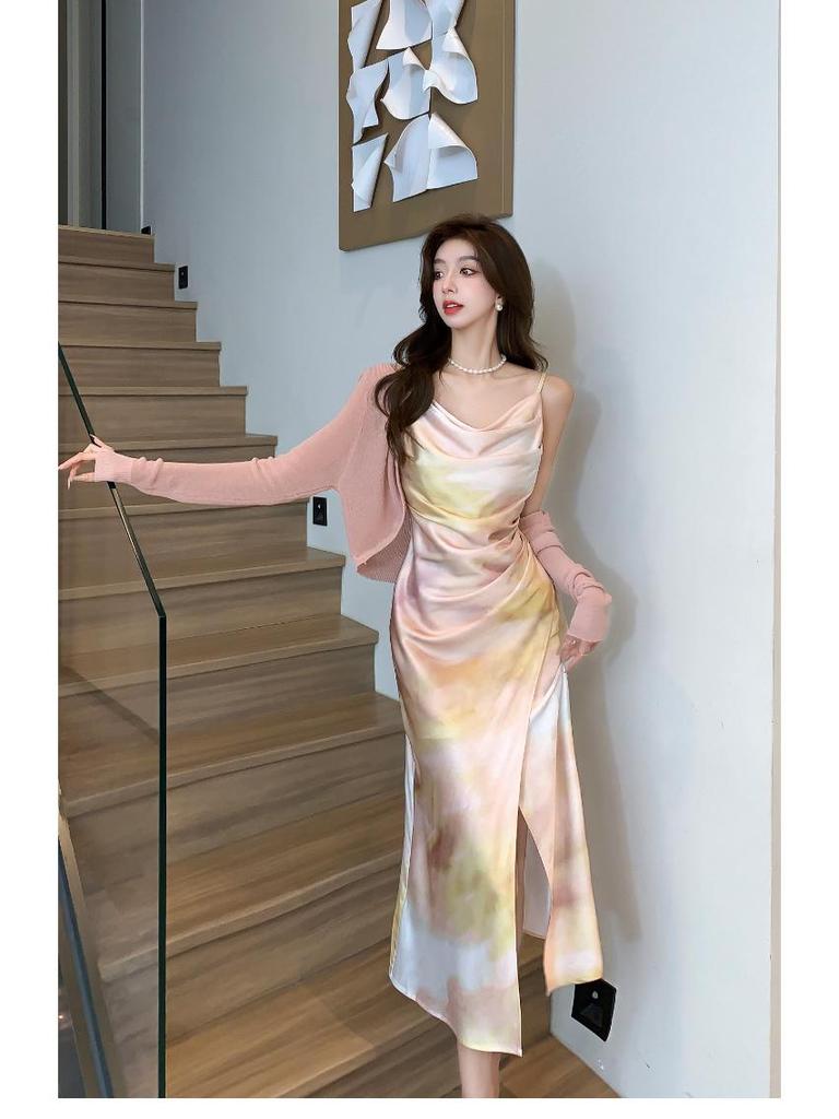 In-Stock French Cowl Neck Satin Print Spaghetti Strap Summer Dress