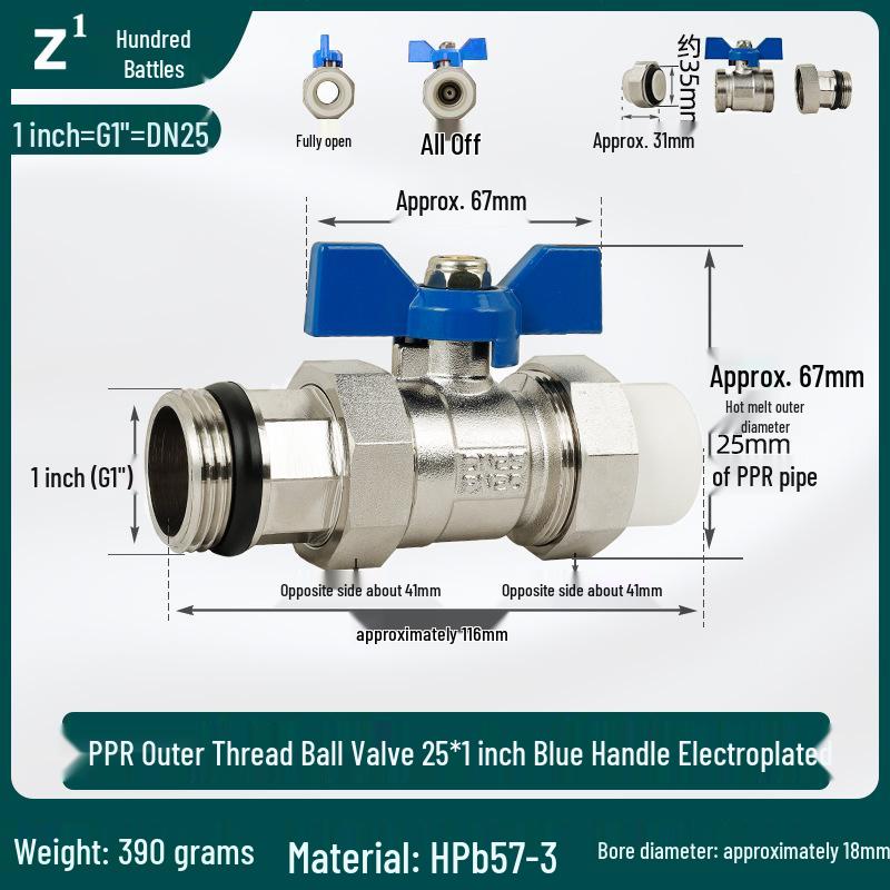 All-Copper 1-Inch PPR Male Thread Ball Valve Splitter with Thickened Live Joint Outlet/Inlet Switch