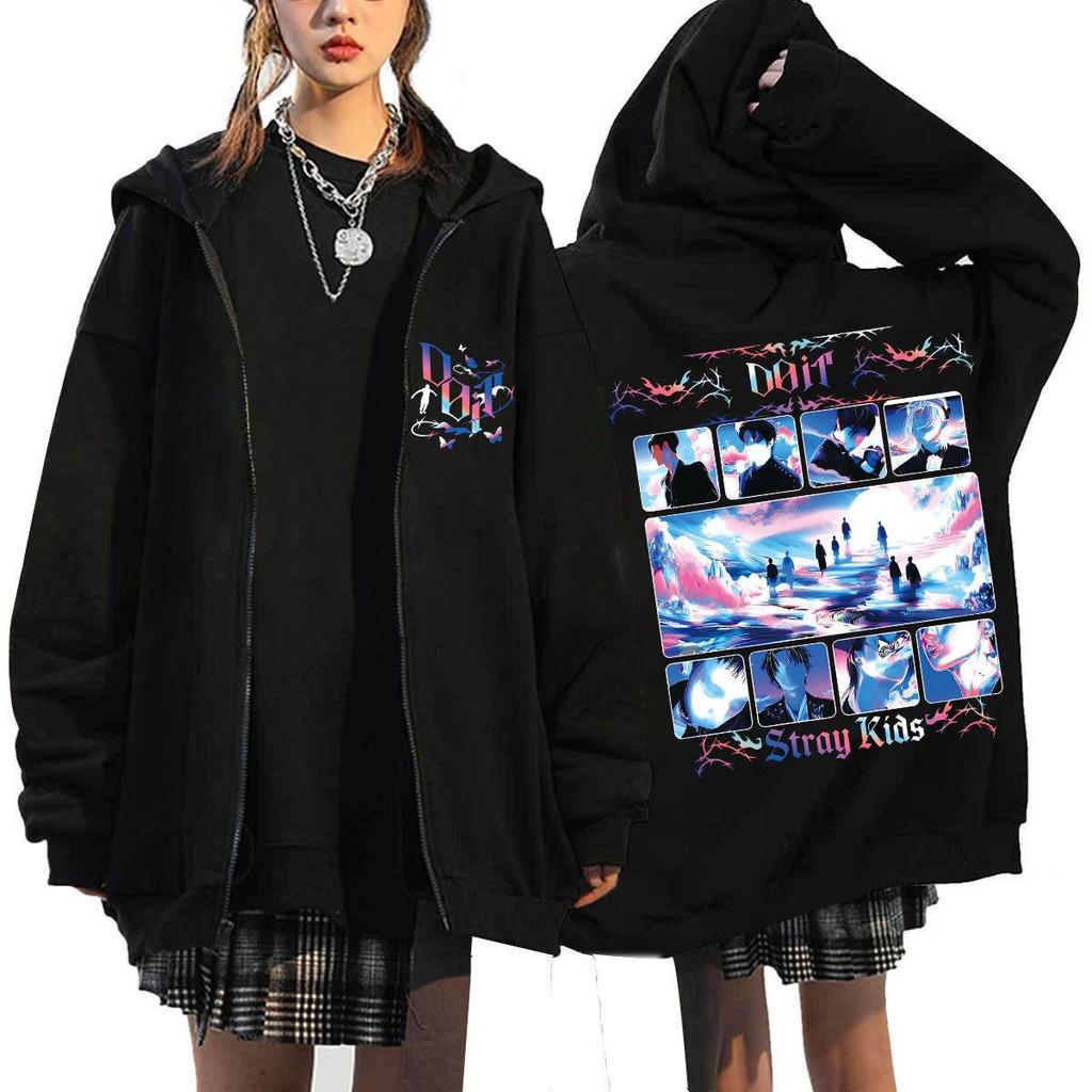 Sudadera con capucha estampada suelta con cremallera Harajuku de Stray Kids En stock