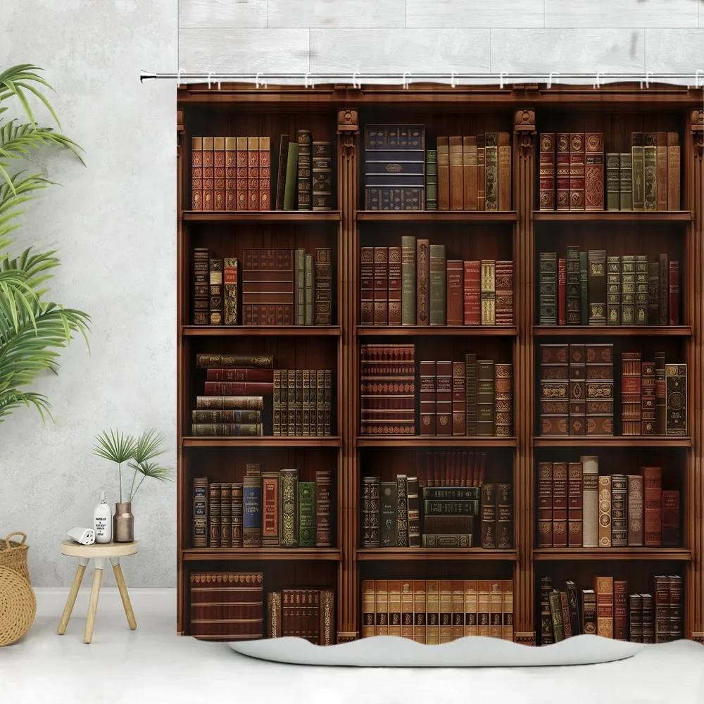 

Vintage Library Shower Curtain Old Book Bookshelf Candle Magic Wooden Antique Polyester Fabric Bathroom Decora Curtain Washable W60H190(CM)-1 Pcs