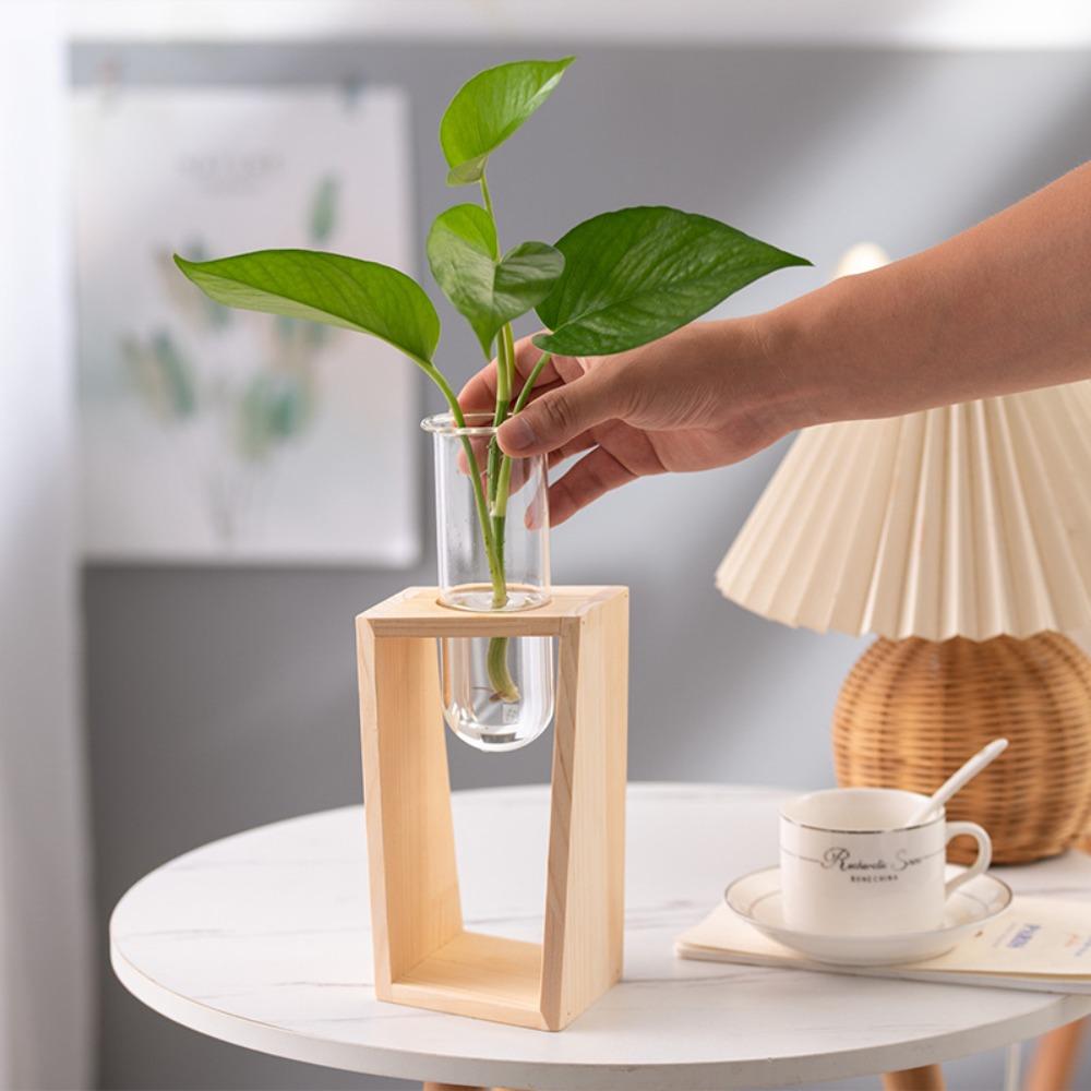 Simple Nordic Hydroponic Green Plant Vase Test Tube Wooden Frame Flower Arrangement Decorative Vase Tabletop Plants Home Decor