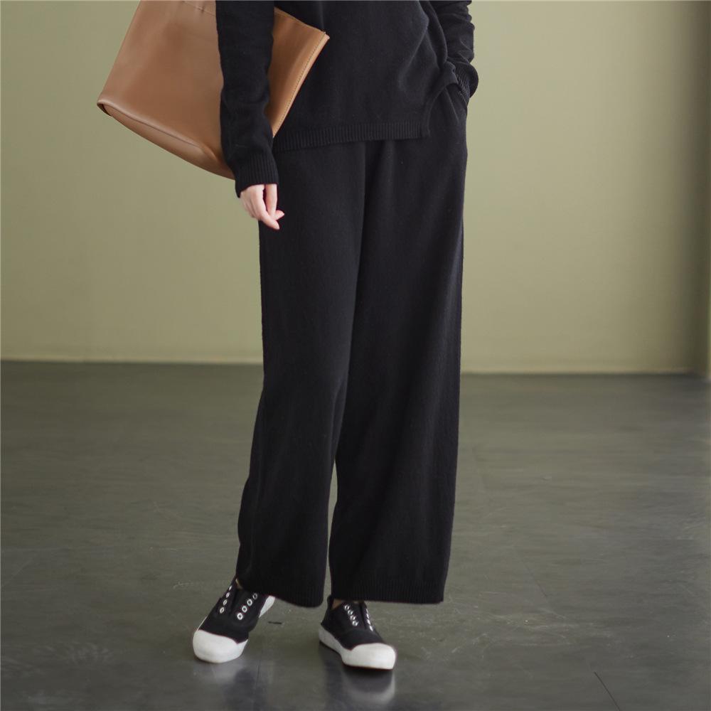 

2021 Fall Wool-Cashmere Elastic Waist Loose Fit Knit Pants L чёрный