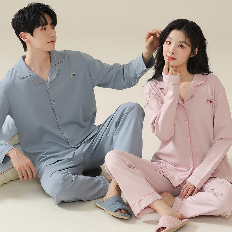 Spring & Autumn Couple Pajamas Set: Long Sleeve, Long Pants, Front Button Lapel Cardigan for Men & Women