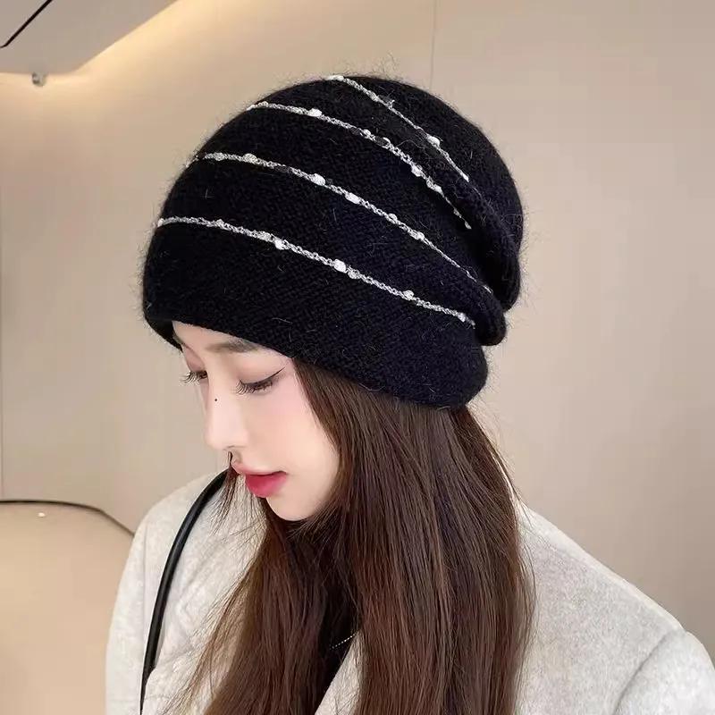 

WTEMPO Solid Color Striped Knitted Hats Women Winter Trendy Warm Thickened Woolen Hats Cold-proof Ear-protecting Elastic Hats 1pc чорний