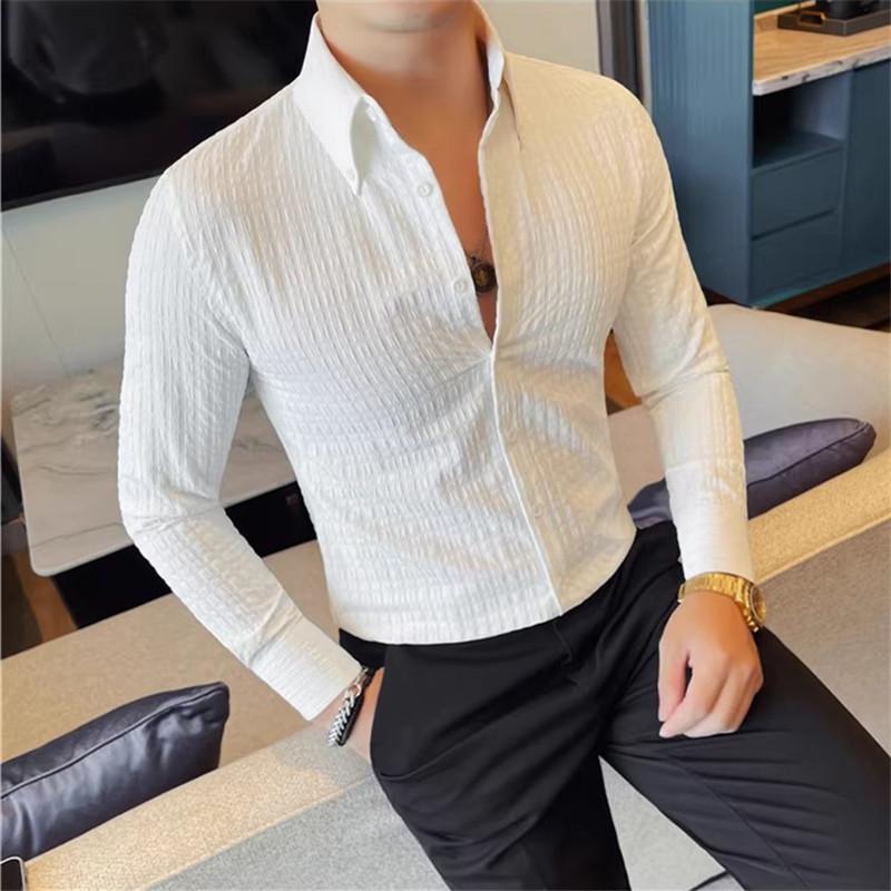 High Quality Long Sleeve Shirt Men Autumn Winter Slim Fit Business Casual Waffle Shirts