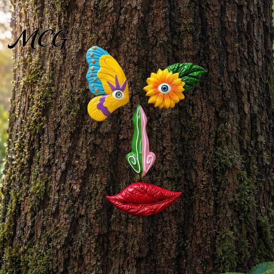 Flower Eyes Tree Decoration Colorful Trunk Face Decor, Outdoor Faces, Trees Yard Art Sun-proof Ornament Statues, Garden Cute Funny Creative for Patio