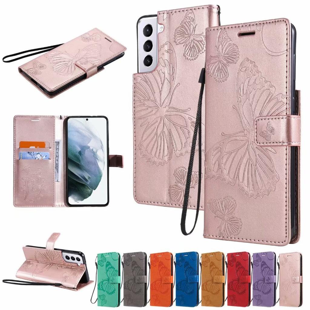 Suitable for Samsung S21 mobile phone leather case A02S butterfly embossed card wallet protective case A32 solid color leather case
