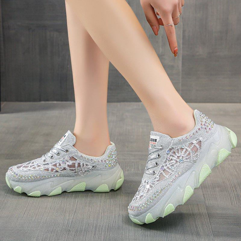 2025 New Summer and Autumn Women's Shoes: Breathable Mesh, Rhinestone, Thick-soled, Fashionable Dad Shoes,Instagram Trendy Shoes