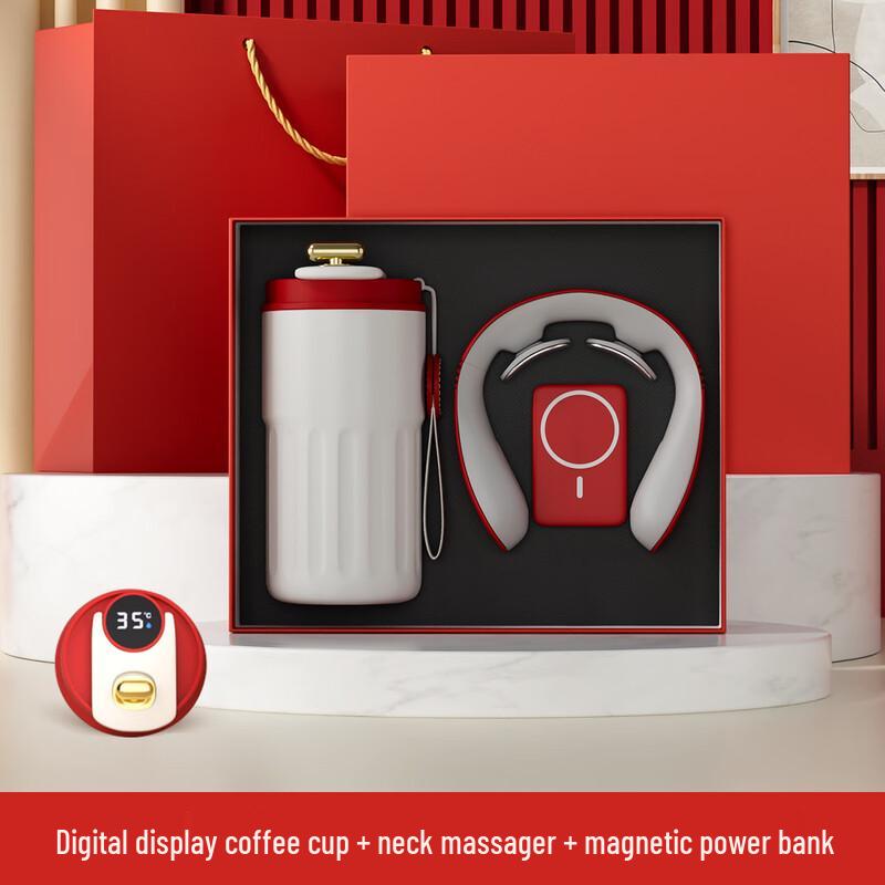 Red Coffee Cup, Power Bank, and Neck Massager Gift Set
